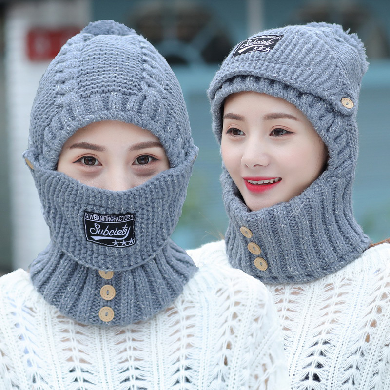 Hat Women's Winter Knitted Warm Wool Hat Scarf Mask All-in-One Scarf Hat Ear Protector Cycling Windproof Cap