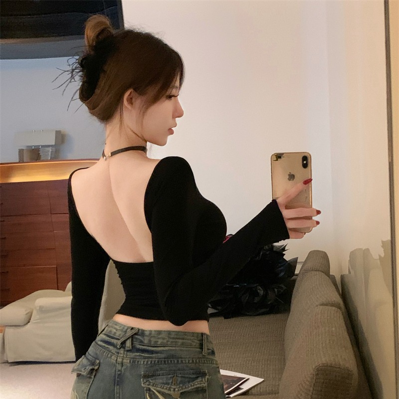 Spice Girl Square Collar Long-sleeved T-shirt Women's Autumn Sexy Backless Inner Base Shirt Black Slim-fit Short Top with Chest Pad