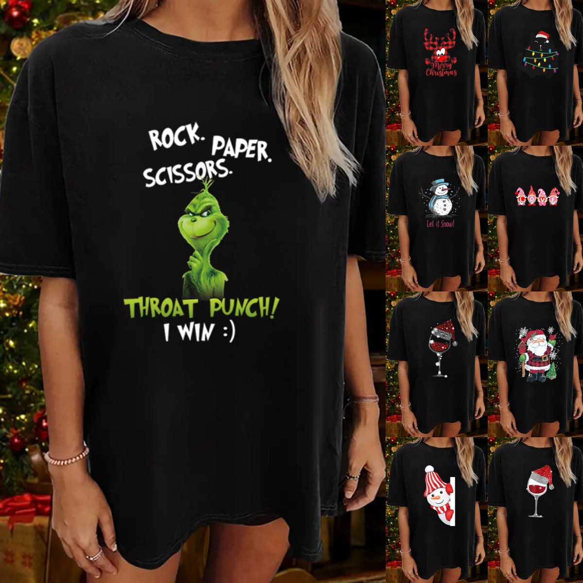 in stock Christmas Elk Christmas Pattern Printed Short Sleeve Women's T-shirt Round Neck Loose Wholesale Christmas Women's T-shirt