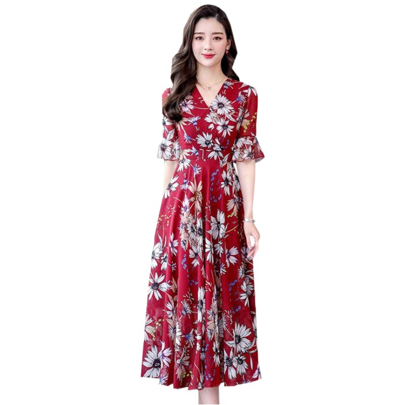 Summer Women's Floral Over-the-Knee Long Dress Women's Printed Dress Mid-length V-neck Short-sleeved dress Flare-sleeved A- line Dress