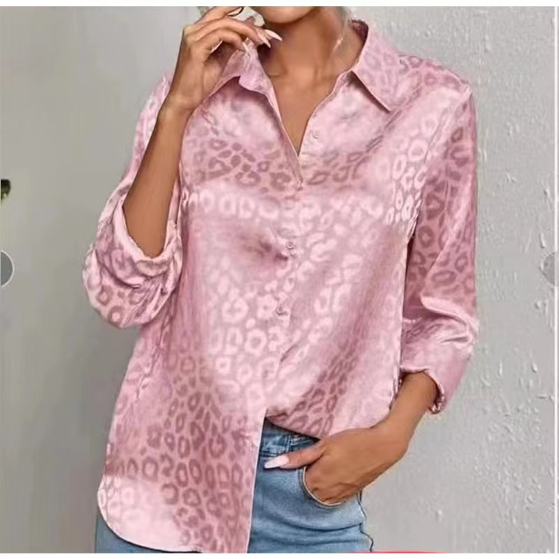 Picture of 2025 Europe and the United States Amazon cross-border new satin temperament commuter loose long sleeve jacquard leopard print shirt women