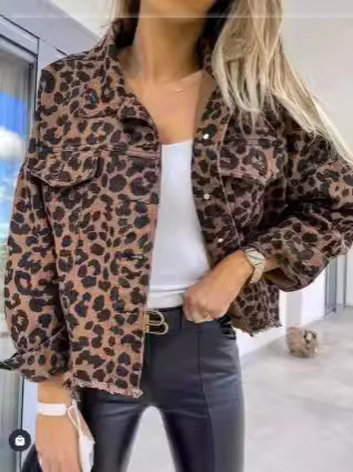 Picture of 2024 Amazon Europe and the United States cross-border explosions tide washed old leopard print fur Denim coat women's jacket