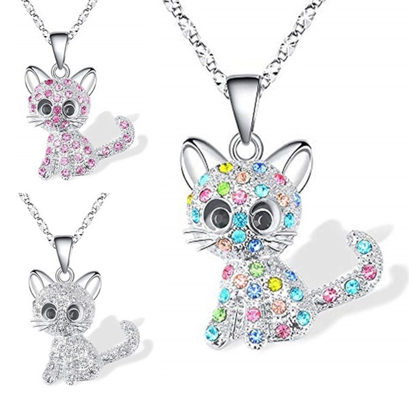Picture of Cross-border wish cute color cat diamond pendant simple jewelry female European and American animal cartoon clavicle chain necklace