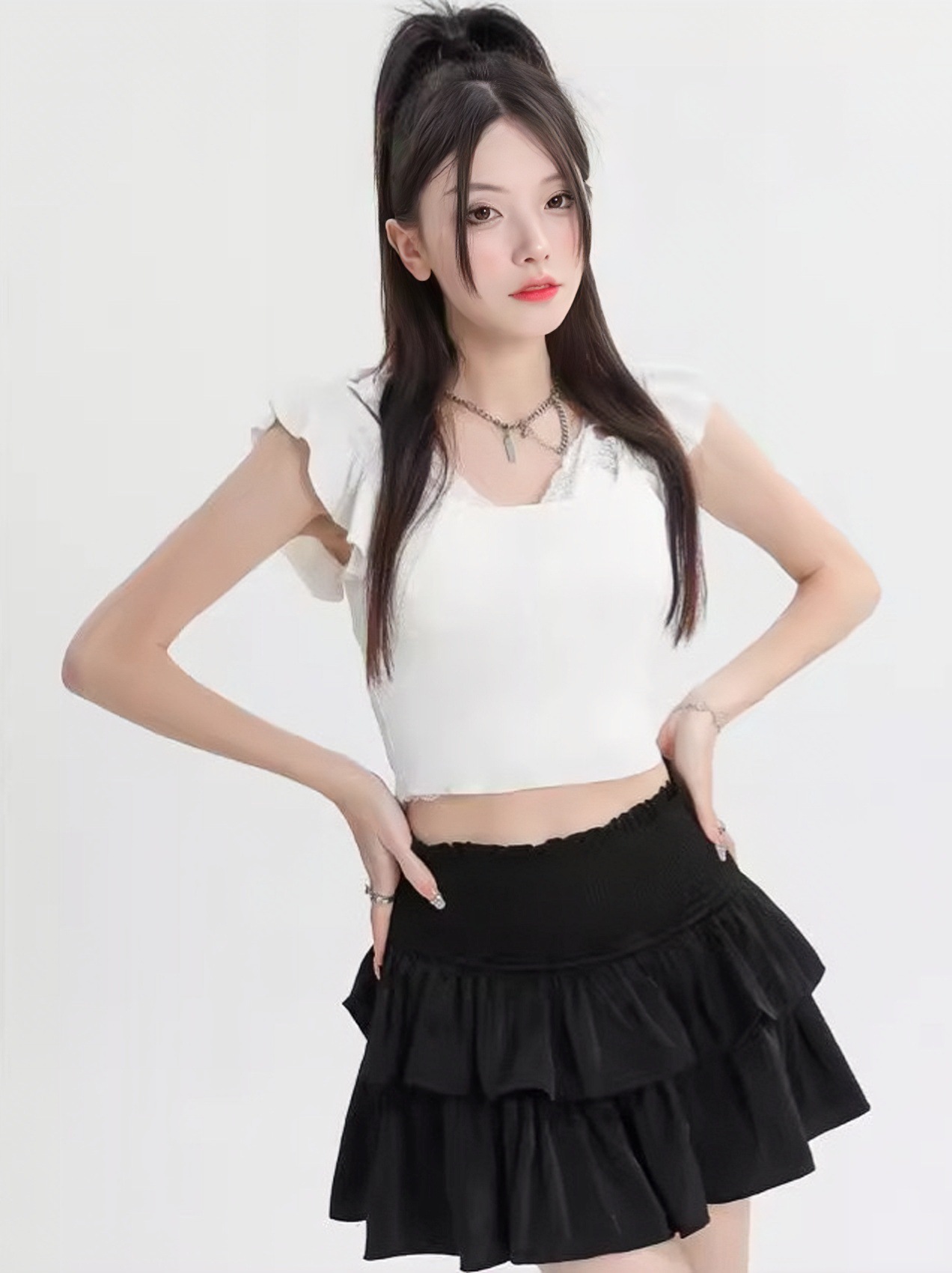 White Tutu Skirt Layers All-Match Satin High Waist Cake Skirt Belted Waist Slimming Spice Girl Skirt Lining