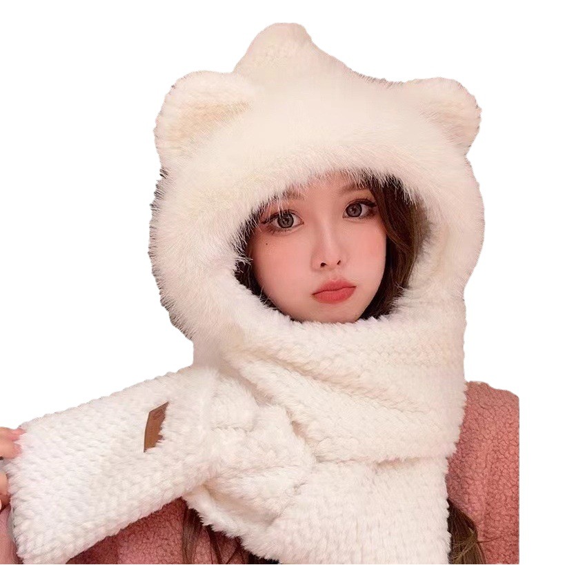 Winter new women's plush warm hat scarf gloves integrated cold-proof outdoor thickened warm three-piece set