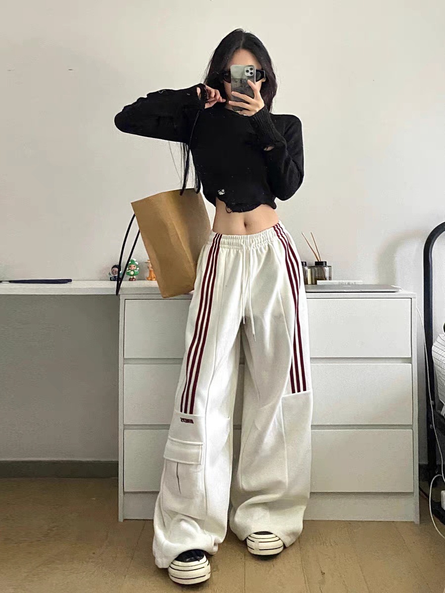 Design Sense Three Bar Overalls Women's Spring and Autumn American Style Retro Casual Sports Pants High Waist Loose Wide Leg Pants