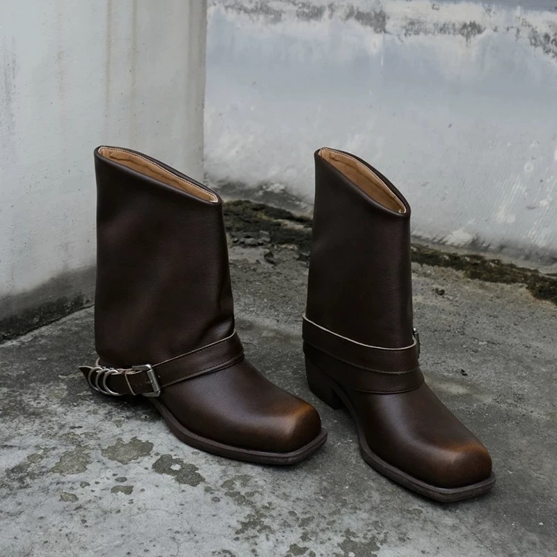 Punk Street Retro Color Polished Martin Boots Women's 2025 Square Toe Distressed Boots Metal Storage Tube Short Boots Western Boots