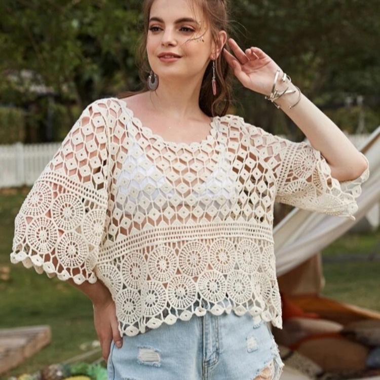 AliExpress Amazon cross-border crocheted Hollow Wash skin-friendly 5-point sleeve casual top
