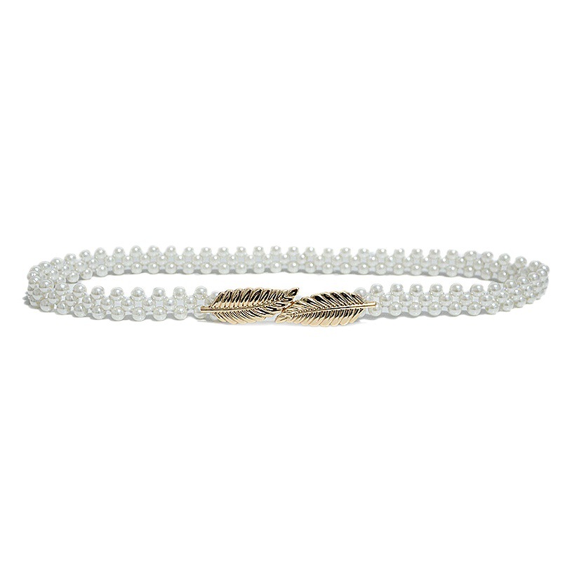 Summer New Women's Belt, Fashionable and Versatile Metal Leaf Elastic Pearl Waist Chain with Dress in Stock