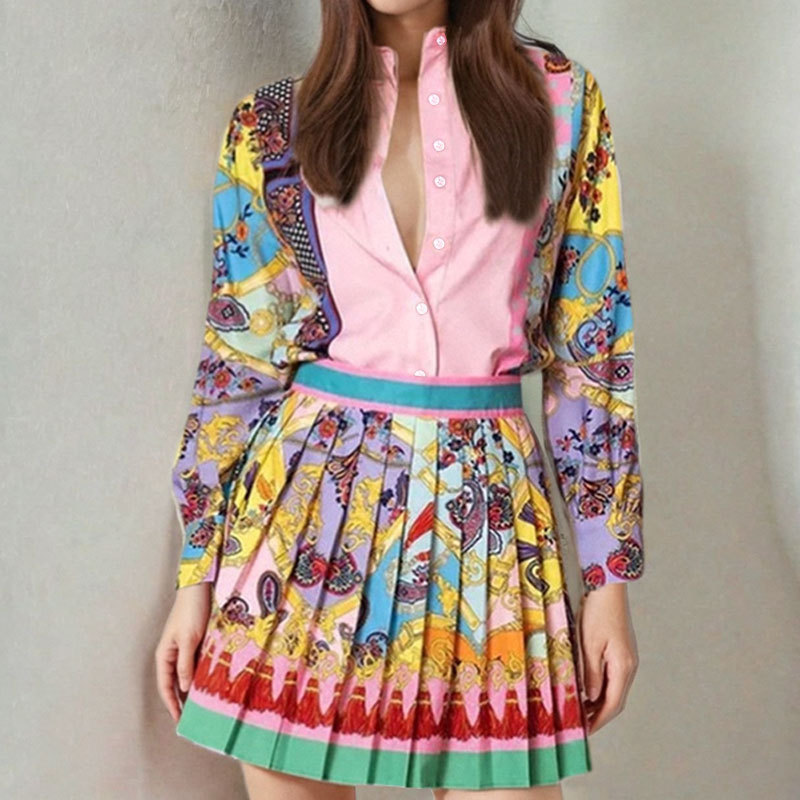 New European and American Cross-border Women's Printed Long-sleeved Shirt Top Pleated Skirt suit Women's Two-piece Set