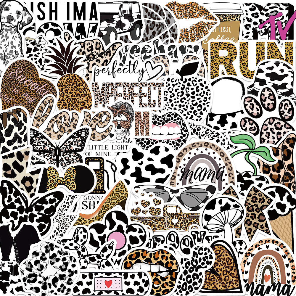 50 pieces black and white leopard print aesthetic graffiti stickers decorative guitar luggage DIY waterproof stickers cross-border hot wholesale