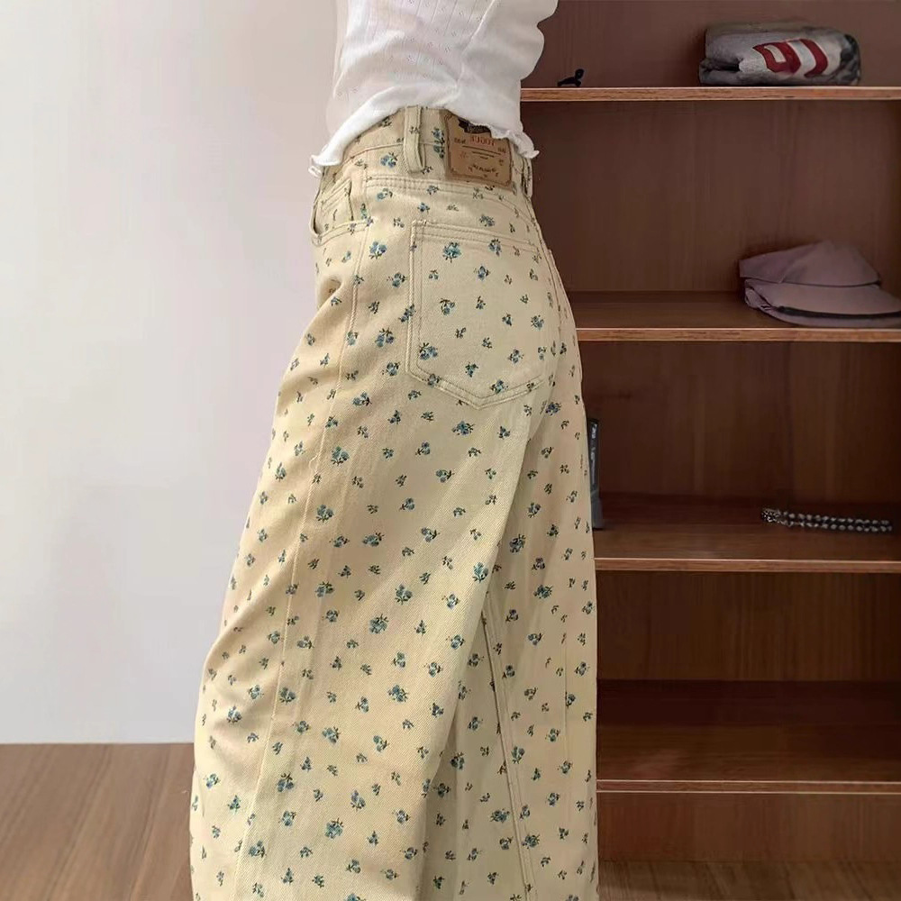 2025 new design high-waisted comfortable loose wide-leg pants American vintage floral straight jeans for girls