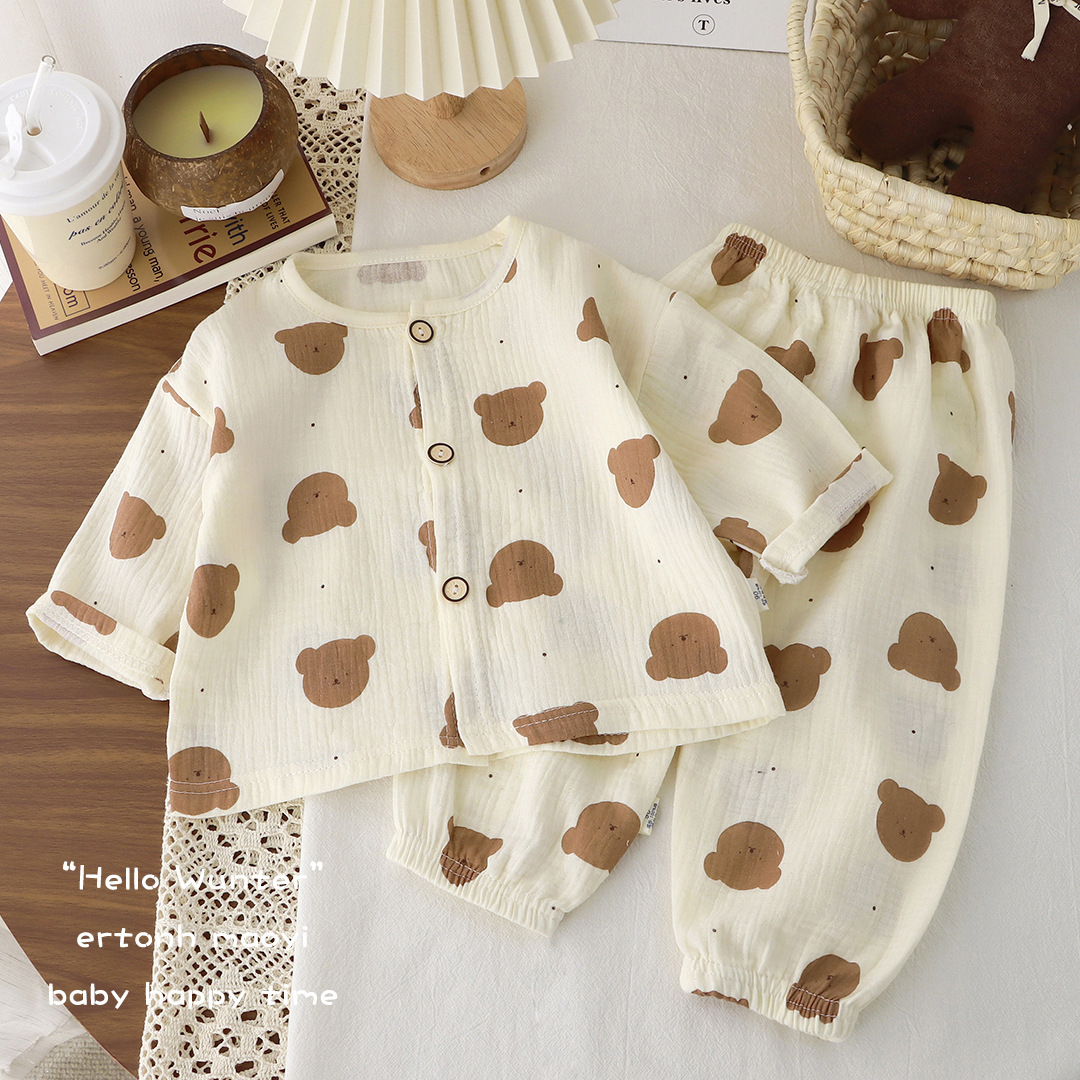 Picture of New Kidsren's Thin Double-Layer Pure Cotton Gauze Pajamas Summer Baby Home Clothes Boys and Girls Long-Sleeved Spring & Fall Suits
