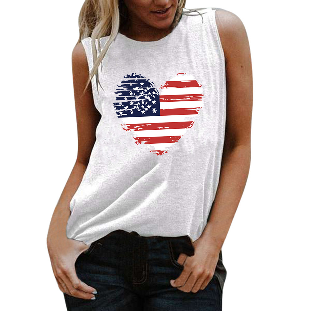 2021 Amazon Cross-border Fashion European and American Flag Love Printed Sleeveless T-shirt Summer Casual Round Neck Top