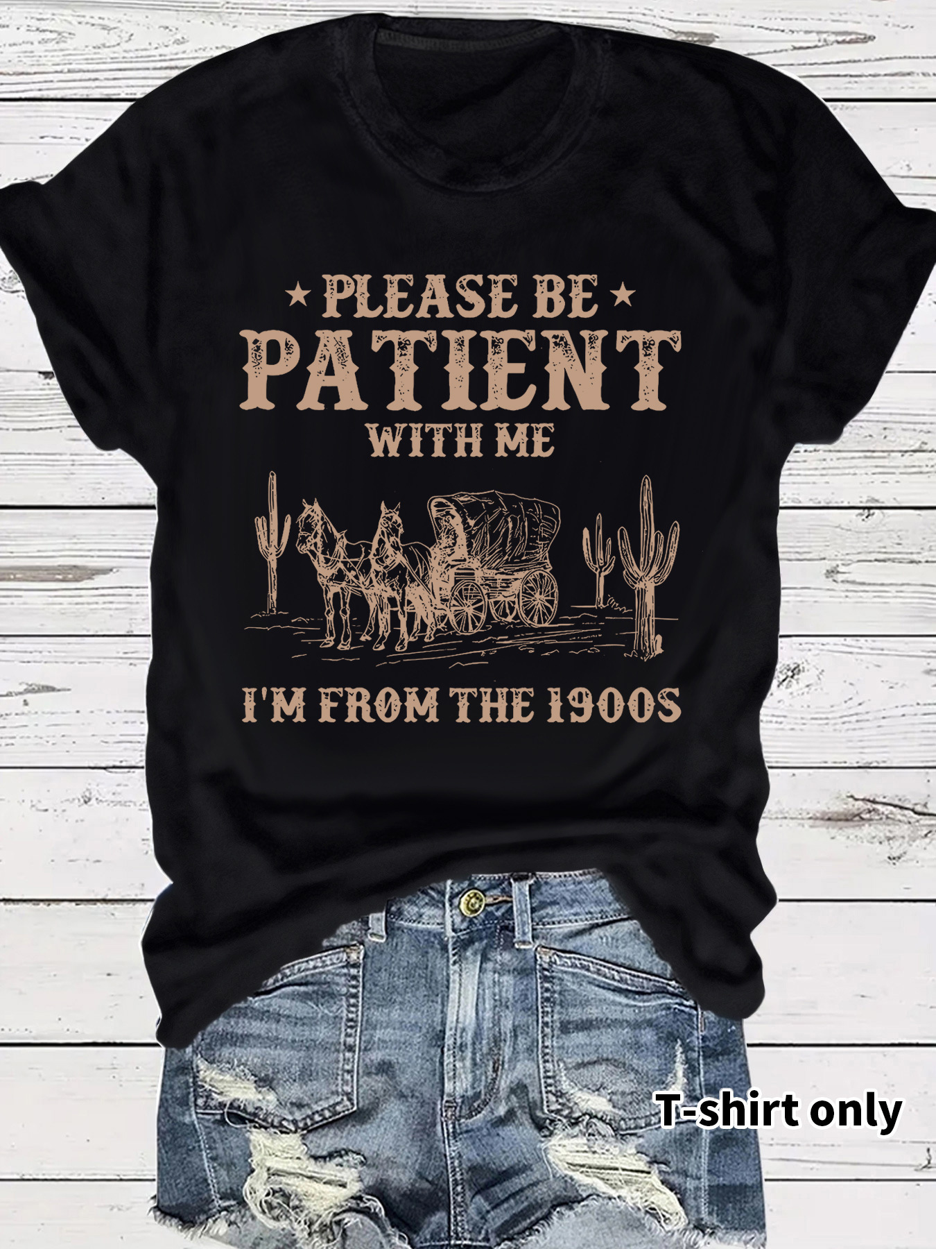 Picture of European and American Short-Sleeved Women's T-Shirts Summer Women's Clothing Western Denim Retro Pattern Round Neck Short-Sleeved Casual Fashion Export Hot Style