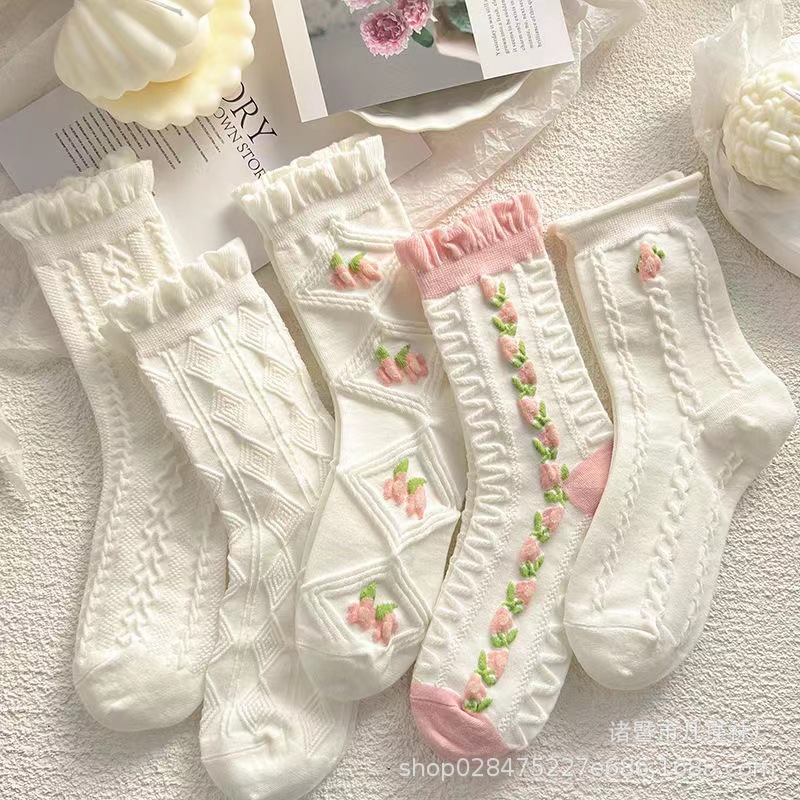 White socks women's mid-calf ins fashionable Japanese style pink matte girl's socks spring and summer thin high-looking lace JK socks