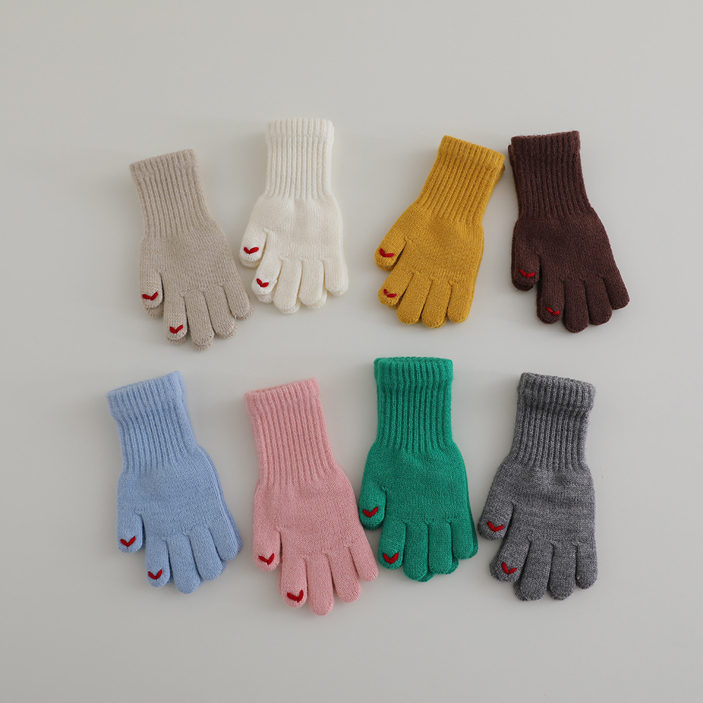 Love Embroidered Knitted Children's Five-Finger Gloves Girls Winter Long Warm Out-of-the-way Cold-proof Writing Gloves for Students