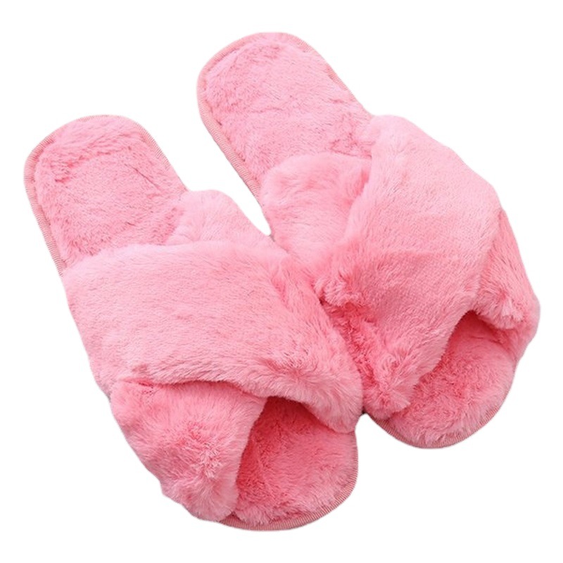 Large size fluffy slippers women 2024 autumn and winter new flat bottom home indoor and outdoor wear cross plush cotton wholesale