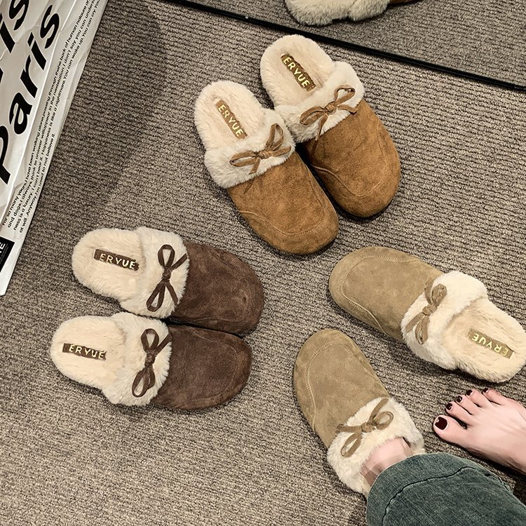 Slip-on Baotou Maomao Half Slippers Women's Autumn and Winter fleece-lined Outer Wear 2024 New Vintage Bow Warm Slippers