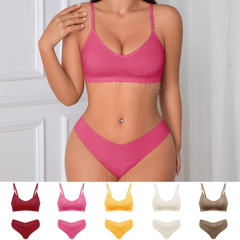 Sexy V-neck seamless Ice Silk one-piece underwear set with thong rimless sports breathable bra