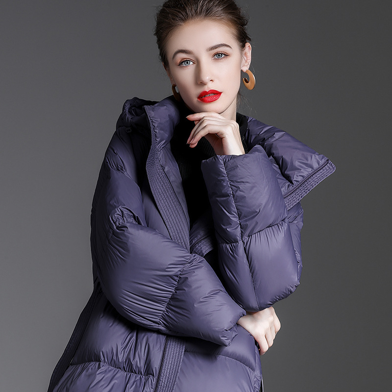 Picture of Hooded White Duck down down Jacket for Women 2025 Mid-Length Fashionable Classy Loose Thickeneded Lace-Up down Jacket