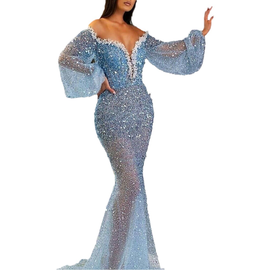 Cross-border hot selling sequined lace elegant high waist long sleeve V-neck slim-fit perspective fishtail evening dress performance dress