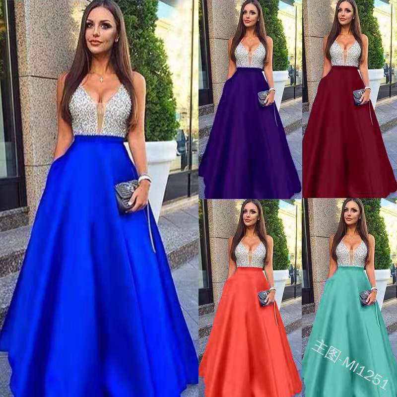 2021 Cross-Border European and American Export New Dress Short-Sleeved Summer Sexy V Long Skirt Sleeveless Sequined Evening Dress