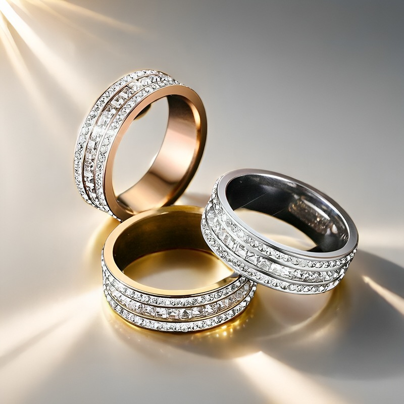 New Entry Luxury Zircon Titanium Steel Diamond Ring Women's Fashion All-match Trendy Men's Diamond Elegant High-grade Couple's Ring
