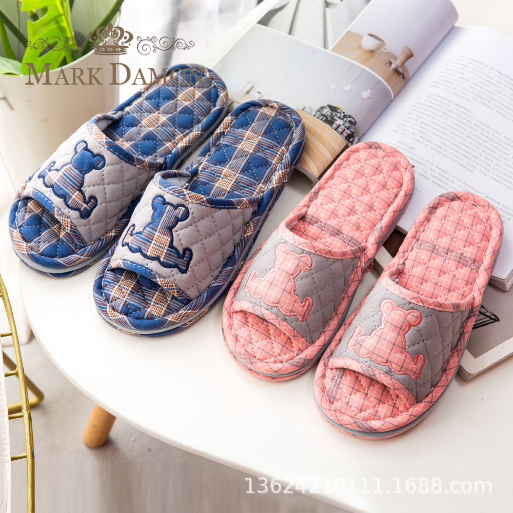Korean Style Couple Men and Women Cartoon Plaid Sitting Bear Three-Layer Thickened Fabric Slippers Rubber Bottom Home Wooden Floor Slippers