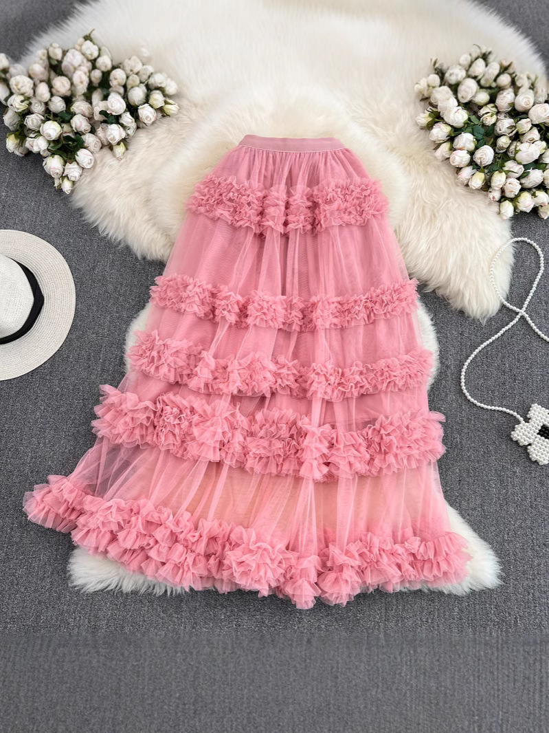Aliexpress High-Waist Slim Mesh Skirt with Elastic Waist, Mid-Length Over-The-Knee Multi-Layered Fungus-Edged Super Fairy Cake Skirt