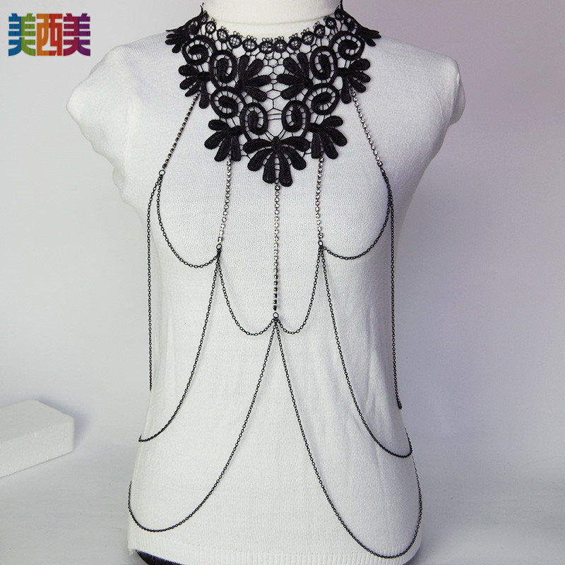 Picture of Meimei body chain jewelry black lace multi-layer diamond chain tassel necklace body chain