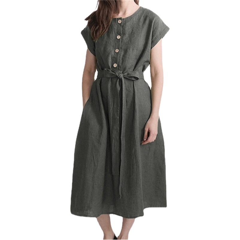 Cross-border cotton and linen women's lace-up loose long skirt short sleeve round neck casual belt single-breasted placket dress wholesale