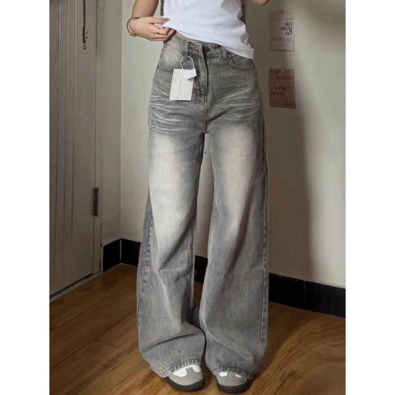 American Style High Street Smoky Grey High Waist Wide Leg Jeans Women's Autumn New Arrival plus size Loose Straight Trendy Pants
