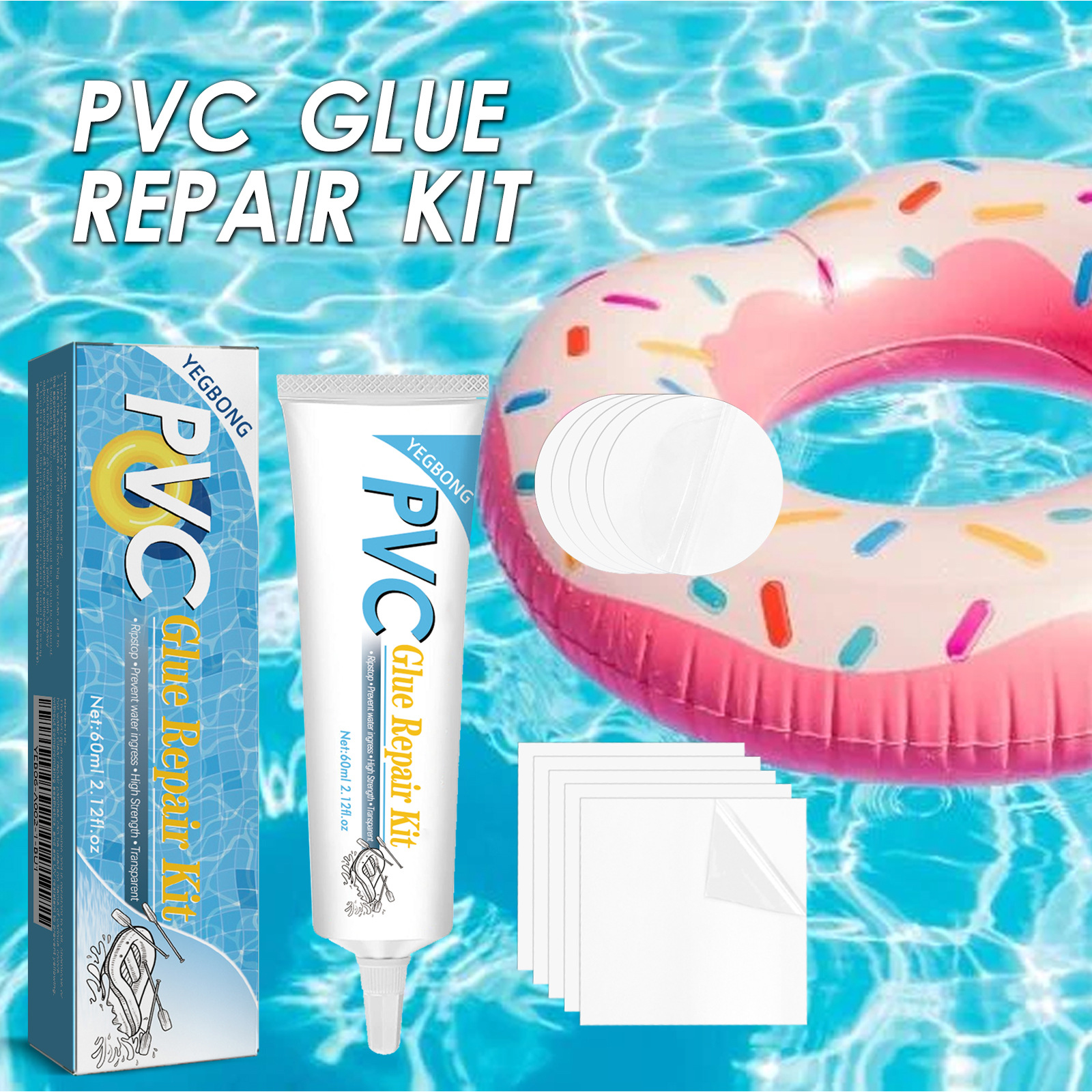Yegbong Pool Repair Kit Waterproof Transparent Swimming Ring Air Mattress Tent Crack Air Leakage Adhesive Repair Subsidy
