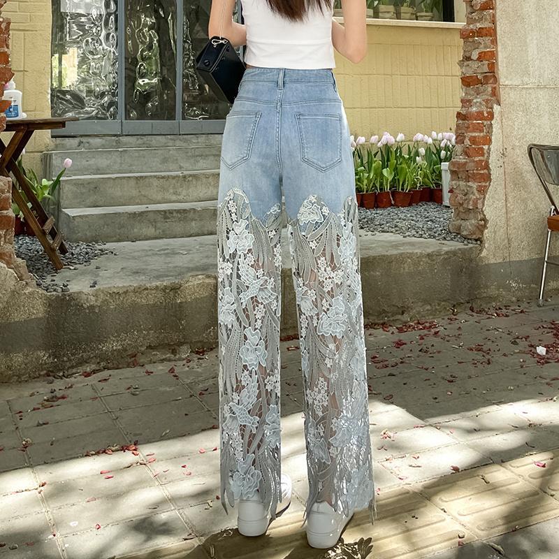 Picture of Designed Lace Splicing Niche Jeans for Women 2025 Summer New Straight Slim Retro Style Casual Pants