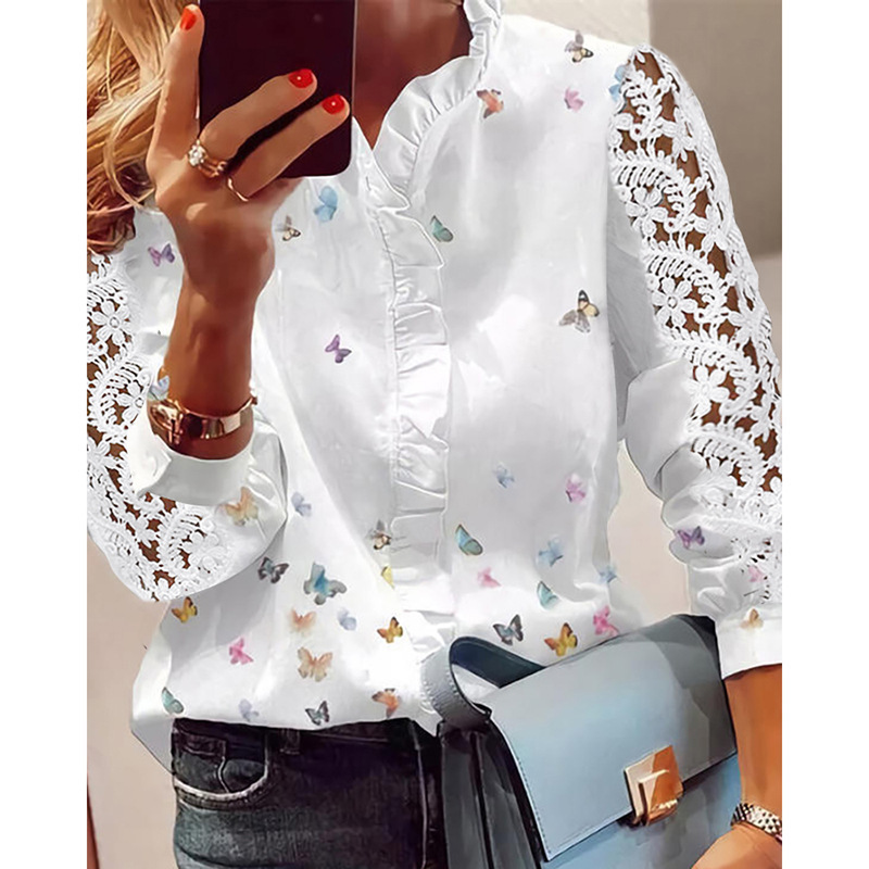 Picture of Cross-border Elegant Elegant Flower Yao Long-sleeved Lotus-leaf Collar regular Blouse