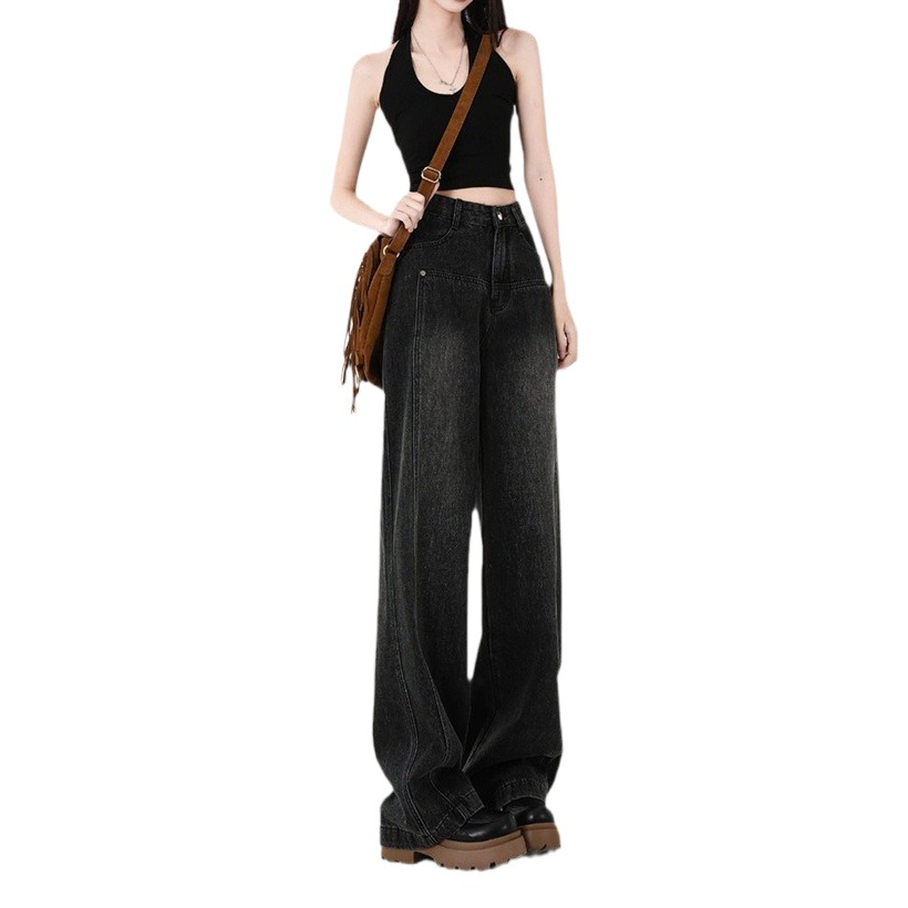 859 autumn and winter American jeans women's 2023 Korean style high waist loose slimming design sense niche straight wide leg pants