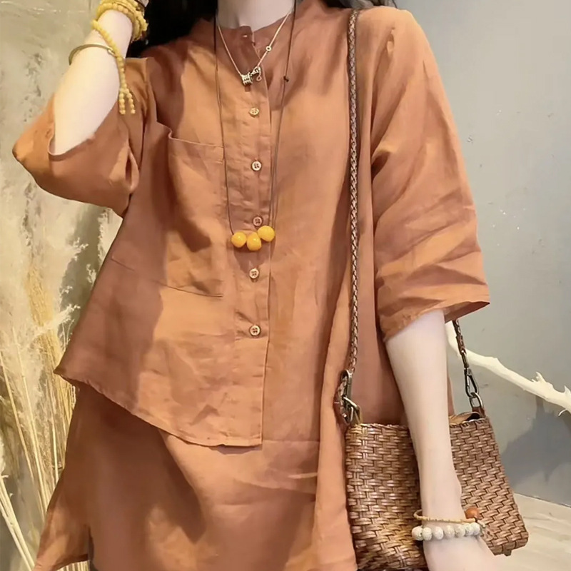 Picture of Cotton and Linen Shirt Women's 2024 Spring and Summer New Retro Design Sense Niche Seven-point Sleeve Loose Belly Covering Thin Top