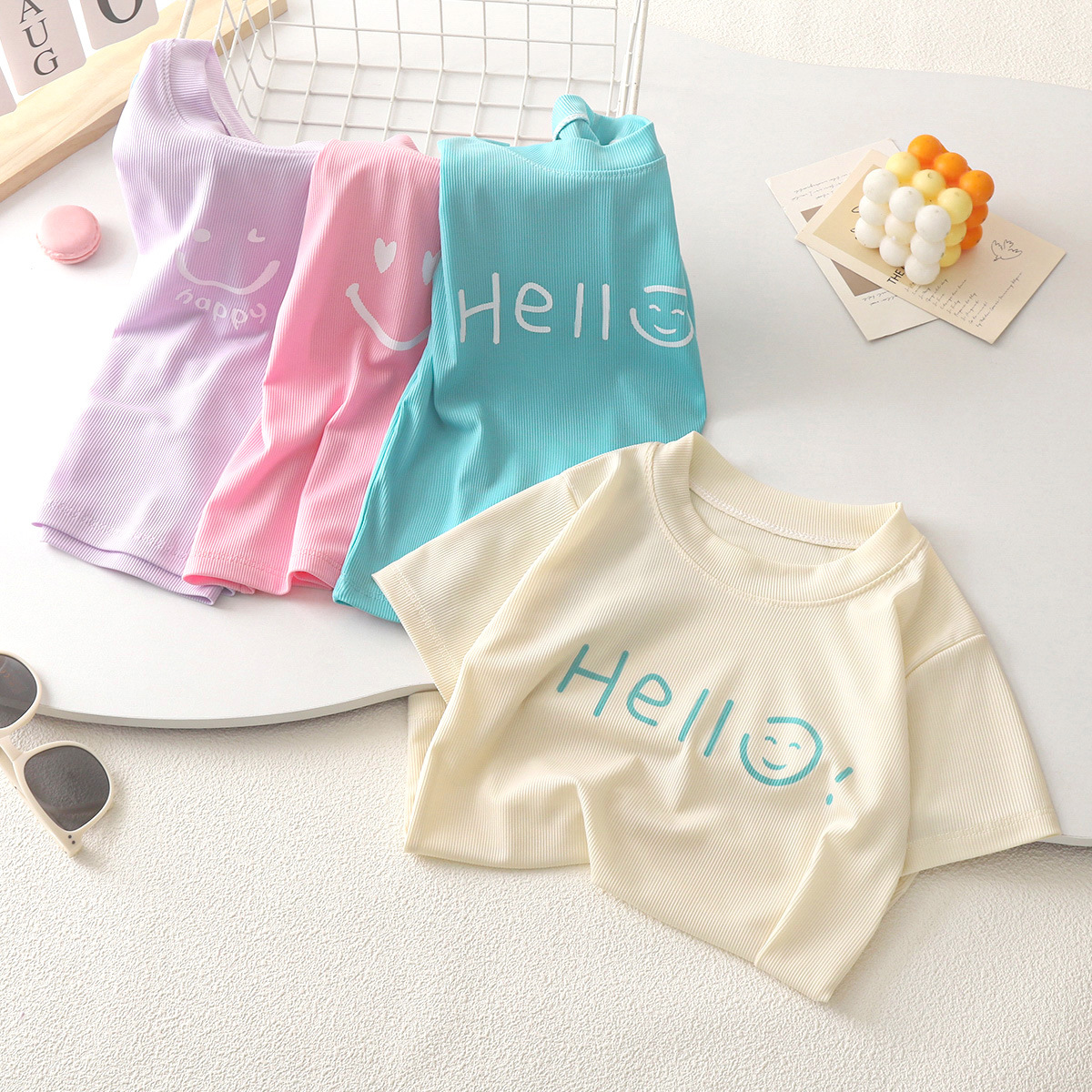 Picture of Cool Summer Candy Color Kidsren's Summer Short-Sleeved T-Shirt Round Neck Ice Silk Shaking t Baby Boy Girl Top Pure Color
