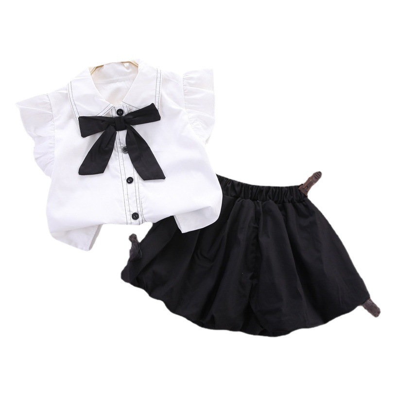 Foreign Trade Children's Clothing Girls' Internet Celebrity Set 2025 Summer New Small Flutter Sleeve Shirt and Puff Pants Stylish Two-Piece Set Trendy