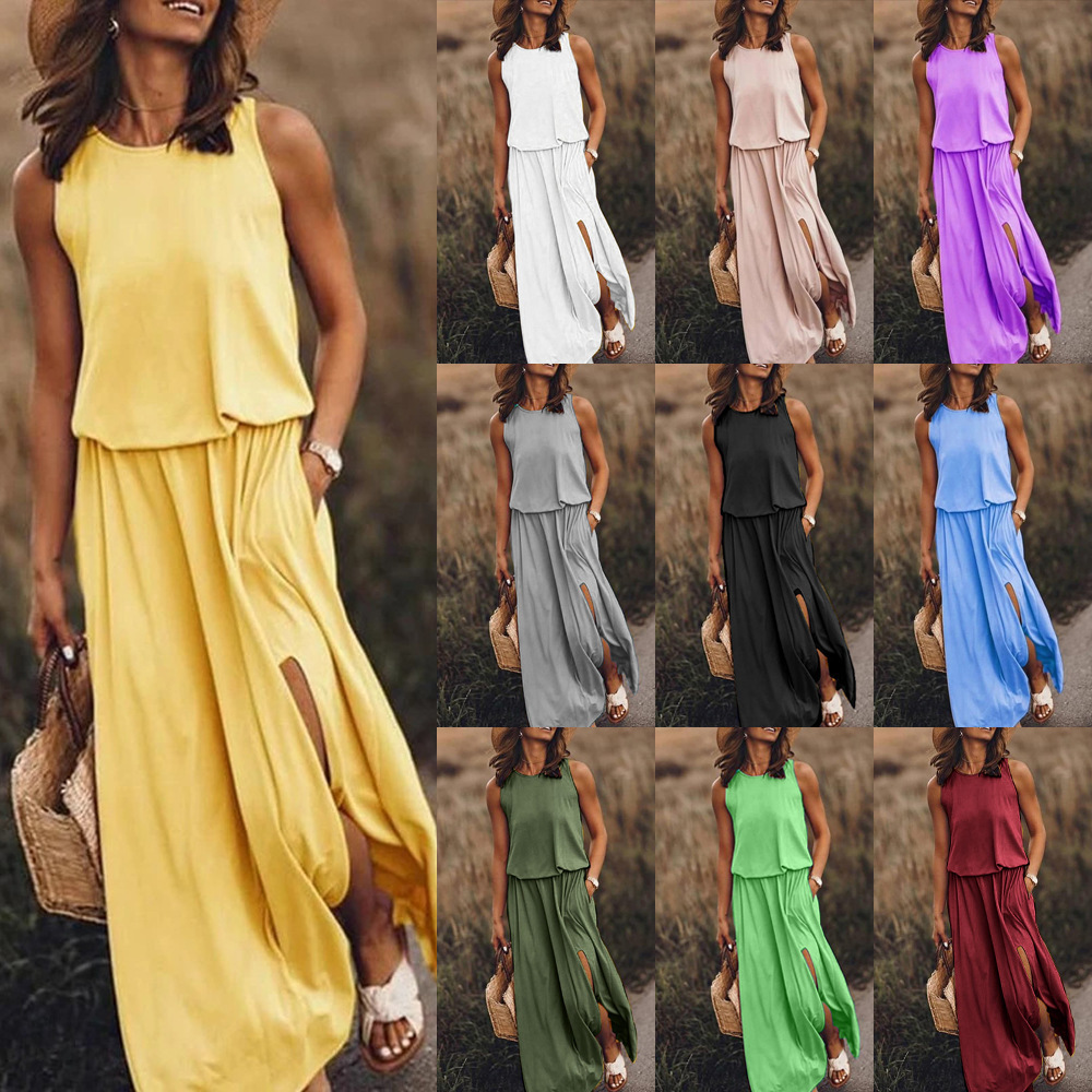 Cross-border New Amazon European and American Women's Crewneck Sleeveless dress Split Multicolor Solid Color Dress