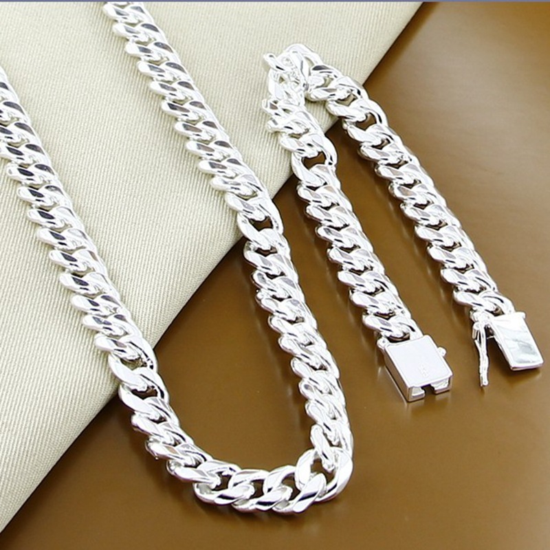Foreign trade jewelry electroplating 925 silver 10MM square buckle necklace bracelet suit European and American jewelry wholesale 20-24 inch