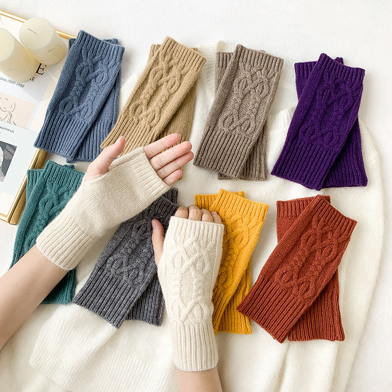 Gloves for Women in Autumn and Winter Half Fingerless Half Finger Gloves for Students Writing Woolen Knitted Warm Gloves Cross-Border Supply