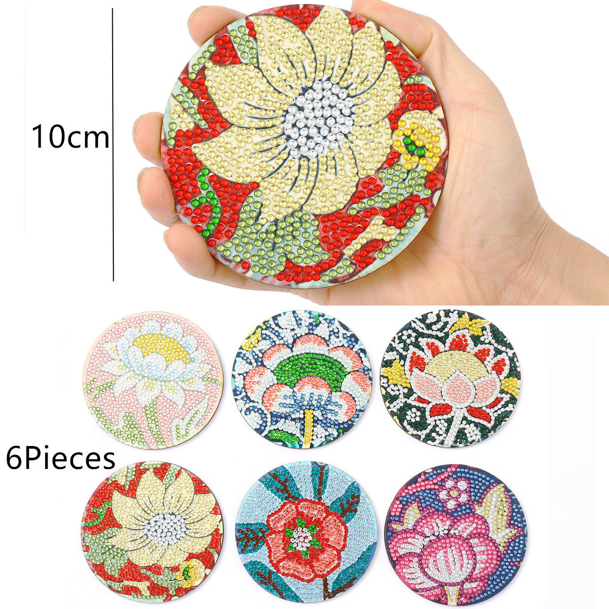 Picture of Hot Selling on Independent Station 5D Handmade DIY Wooden Dot Drill Heat-Insulating Anti-Slip Diamond Painting Variety Lotus Coaster with Stand