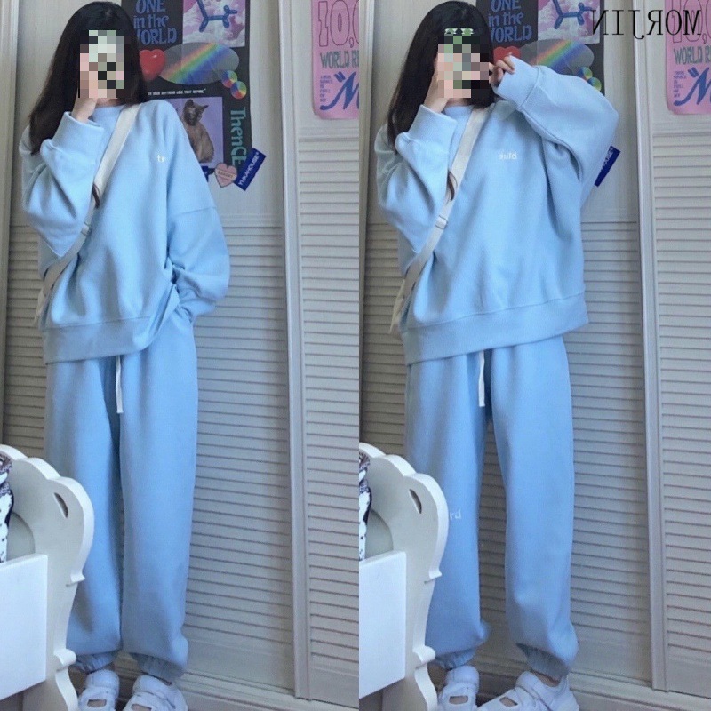 859# waffle sports suit women's spring and autumn Korean style student loose plus size fashion sweater casual two-piece suit