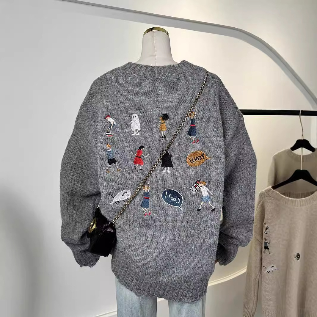 American Retro Design Back Embroider Cartoon Loose Lazy Style Ripped Knitwear Knitwear for Women Autumn and Winter