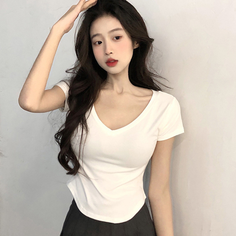 Short-Sleeved T-Shirt for Women Summer Sexys 2025 New Casual Slim Fit Thin Asymmetrical Trendy Ins Girl V Neck Top