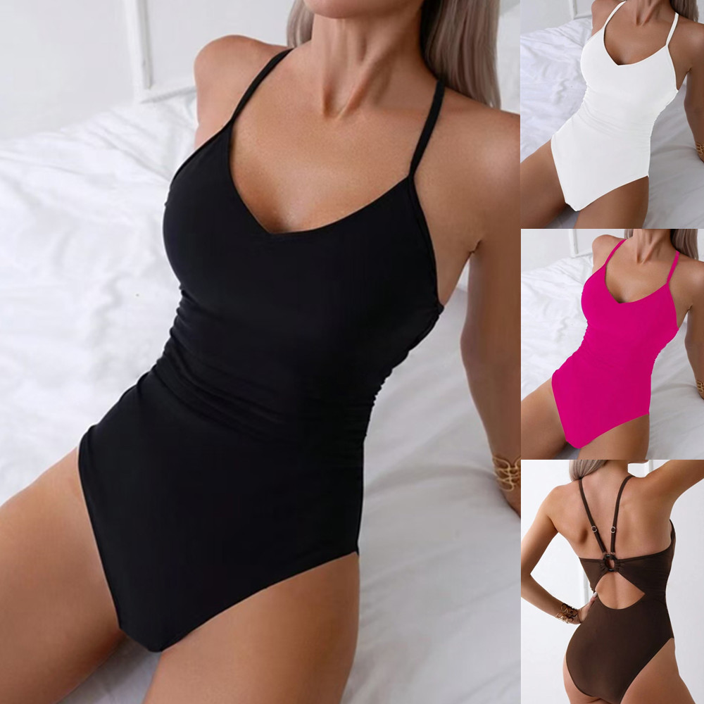 European and American New Cross-border Hot Sale Solid Color Swimsuit Women's Sexy Strap Backless Tight Bikini Swimsuit