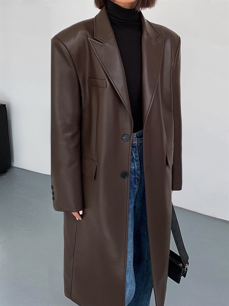 Picture of Long over-the-knee pu leather coat for women 2024 spring and autumn fashion all-matching loose slimming casual windbreaker fashion