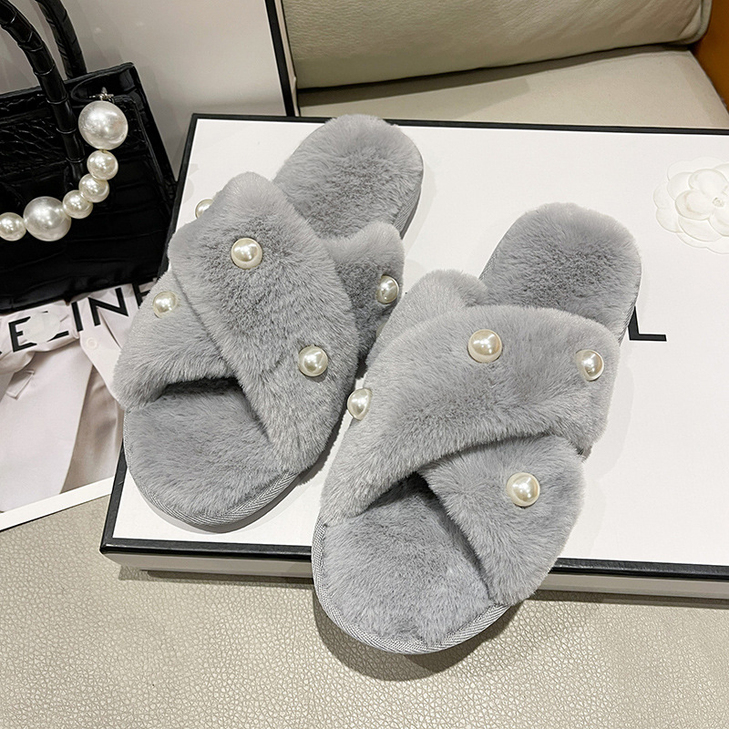 Picture of Foreign Trade New Fashion Pearl Home Home Maomao Slippers Women's Warm Flat Heel Cross Slippers Autumn and Winter Cross-Border
